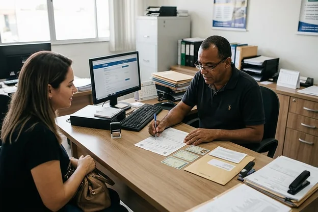 Documentos organizados para renovação de CNH em ambiente de trabalho.