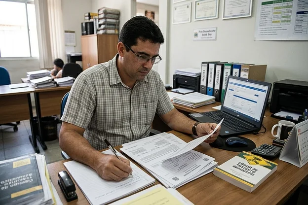 Processo de análise e elaboração de recurso de multa de veículo em ambiente profissional.